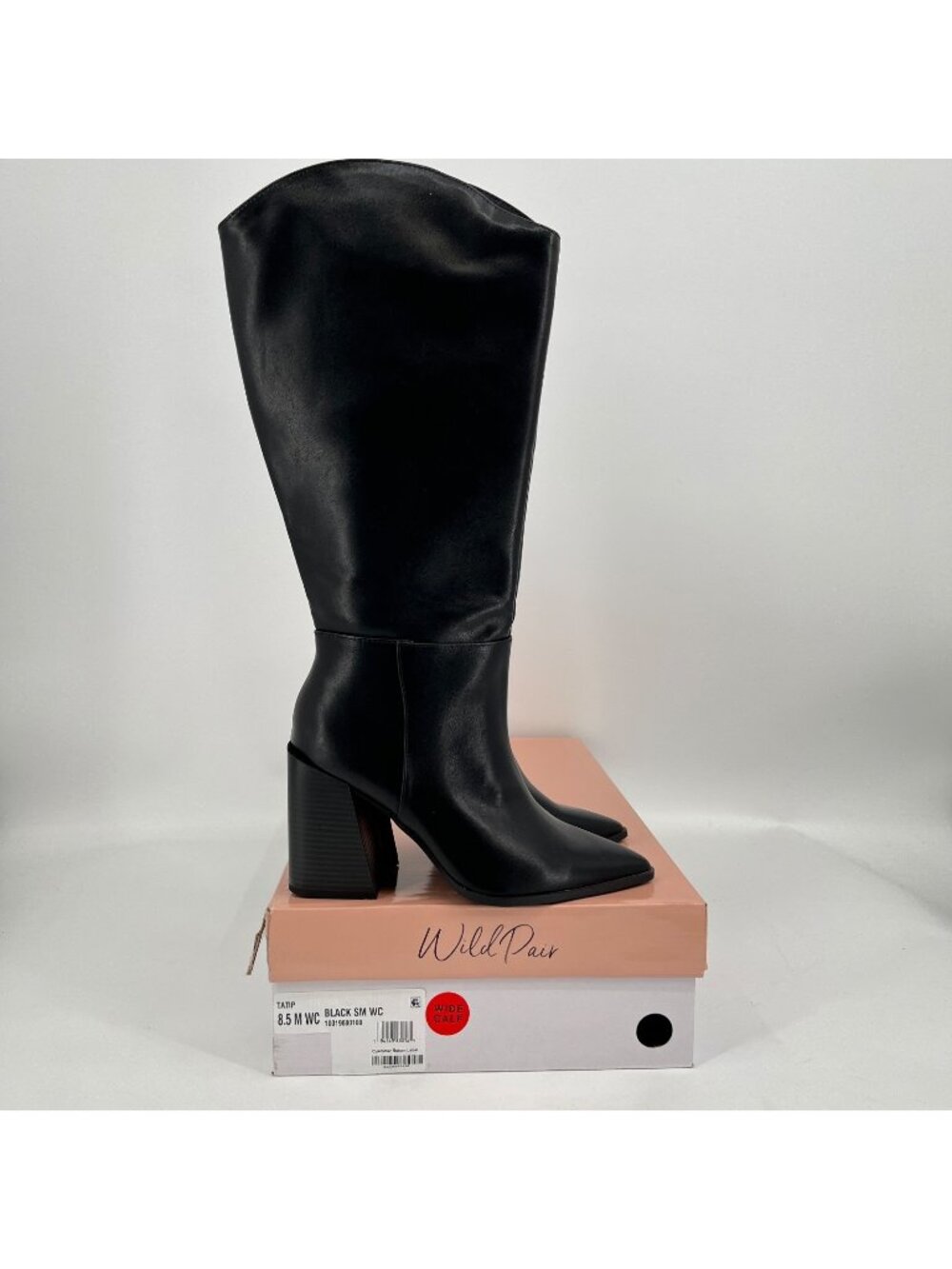 Wild Pair Tatip Black Boots Size 8.5M Wide Calf Knee High Pointed Toe Block Heel